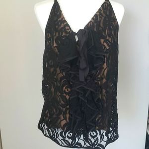 Nu collective silk black tie ruffle front top